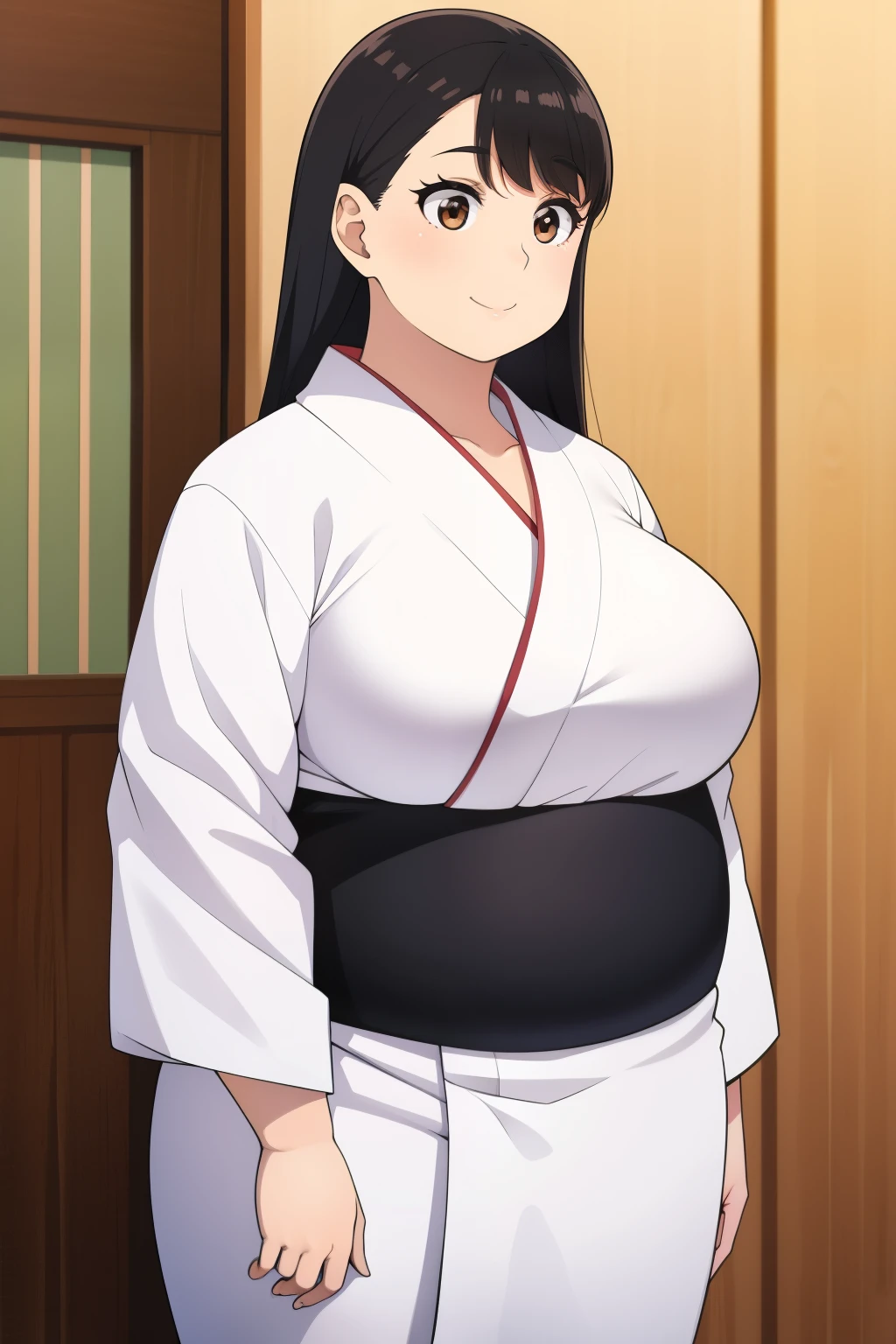 Plump girl Black hair brown eyes big breasts smime longer hair smile white yukata