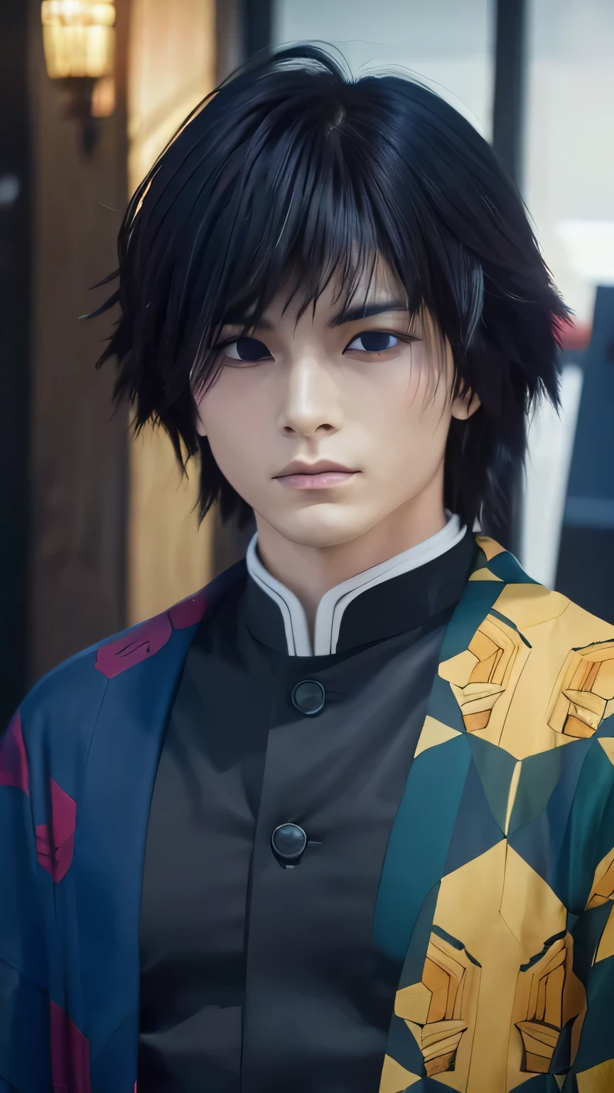 Realistic Giyu tomioka, a boy with realistic blue hair, beautiful detailed eyes, detailed facial features, a beautiful intricate red, blue and yellow kimono, dramatic lighting, anime style, (best quality,4k,8k,highres,masterpiece:1.2),ultra-detailed,(realistic,photorealistic,photo-realistic:1.37),cinematic,dramatic,emotional,powerful,stunning,elegant