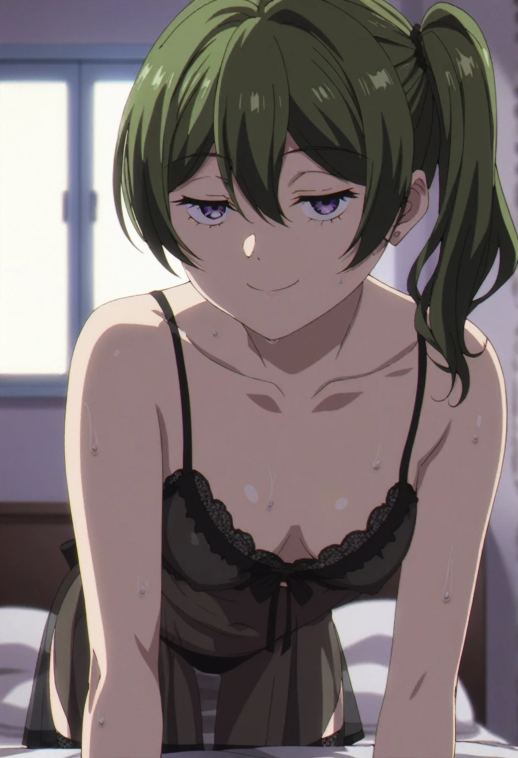 1girl, ubel, solo, green hair, side ponytail, purple eyes, half-closed eyes, small breasts, BREAK
 , nightgown, bare shoulders, , BREAK
closed mouth, wet hair, leaning forward, sweat, looking at viewer, , cleavage, smile, BREAK
bed room, on bed, BREAK
score_9, score_8_up, score_7_up, score_6_up, score_5_up, anime, (high quality, detailed, beautiful), shiny, detailed beautiful eyes, outstanding, countershading, detailed soft lighting