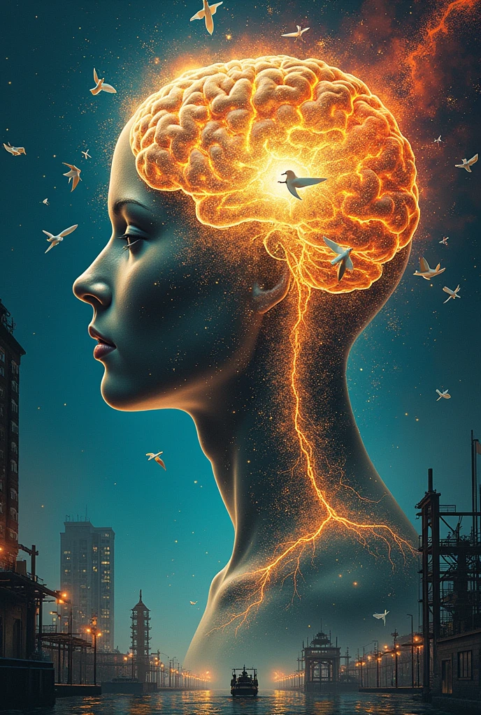 Create an image that relates and combines stress, hormones that generate stress such as cortisol and adrenaline, the brain which is where stress is generated, Something that has to do with chemicals, since hormones are something chemical and birds that make stress go away, that is, that de-stress you., like the swan, gorrion, swallows among others. All this combined with realistic and surreal things, May the image release stress for you. And that it is very interpretive 