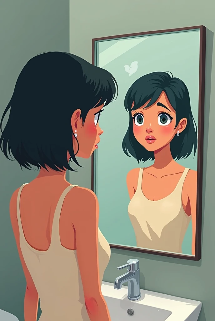 a woman is looking at herself in the mirror , 1girl, solo, smile, short hair, black hair, 1boy, holding, profile, shadow, reflection, mirror, flat color, tile wall, looking at mirror  ,   wake_up