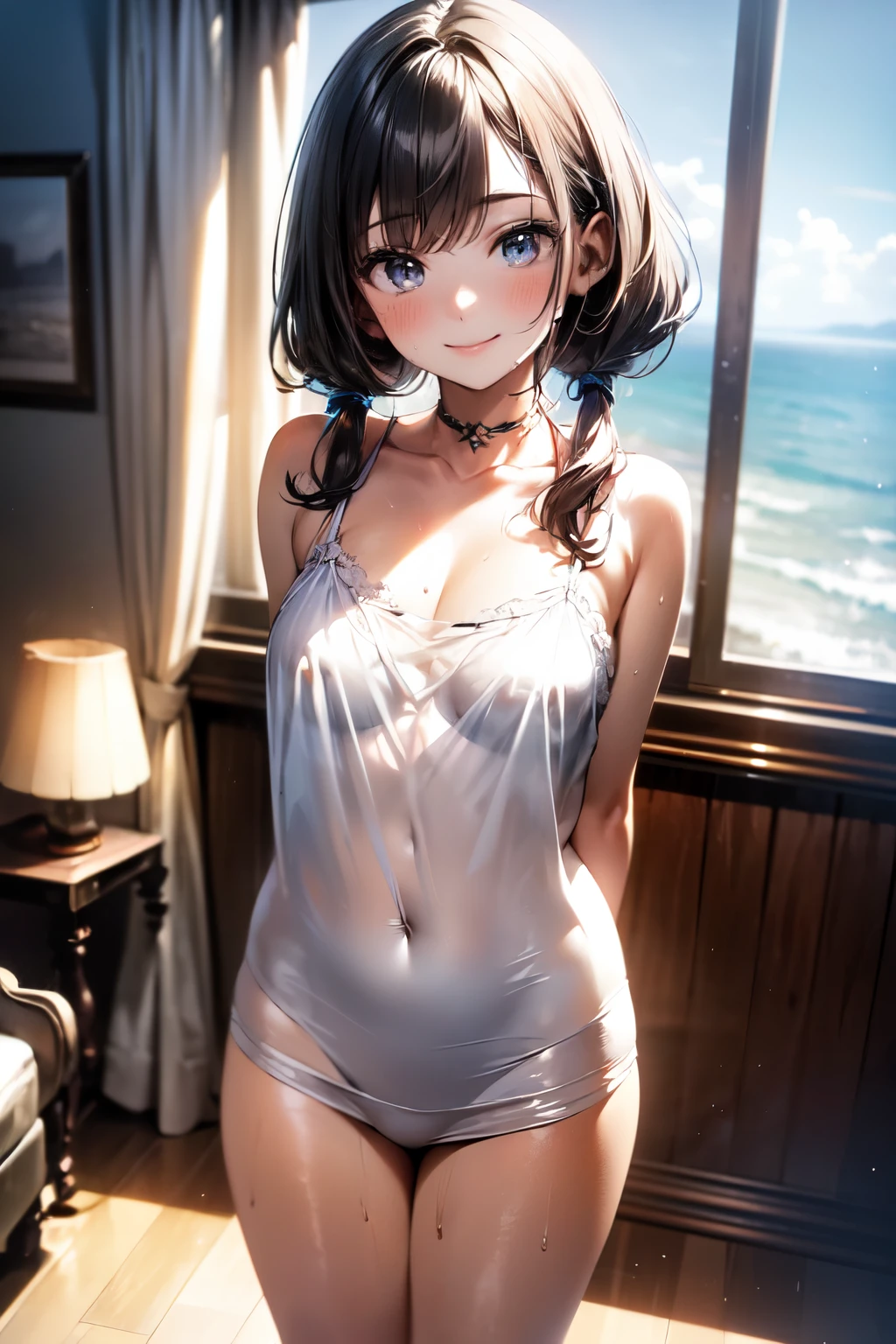 very cute and beautiful girl,(highly detailed beautiful face),(smile),blush,black hair,low twintails,looking at viewer,
wet,sweat,standing,(transparent white camisole),arms behind back,exposing thighs,antique hotel room,gorgeous furnitures,window,ocean view,
(best quality,masterpiece),absurdres,highres,ultra-detailed,extremely detailed,32k,8k resolution,
intricate details,cinematic scene,detailed background,solo,dynamic angle,