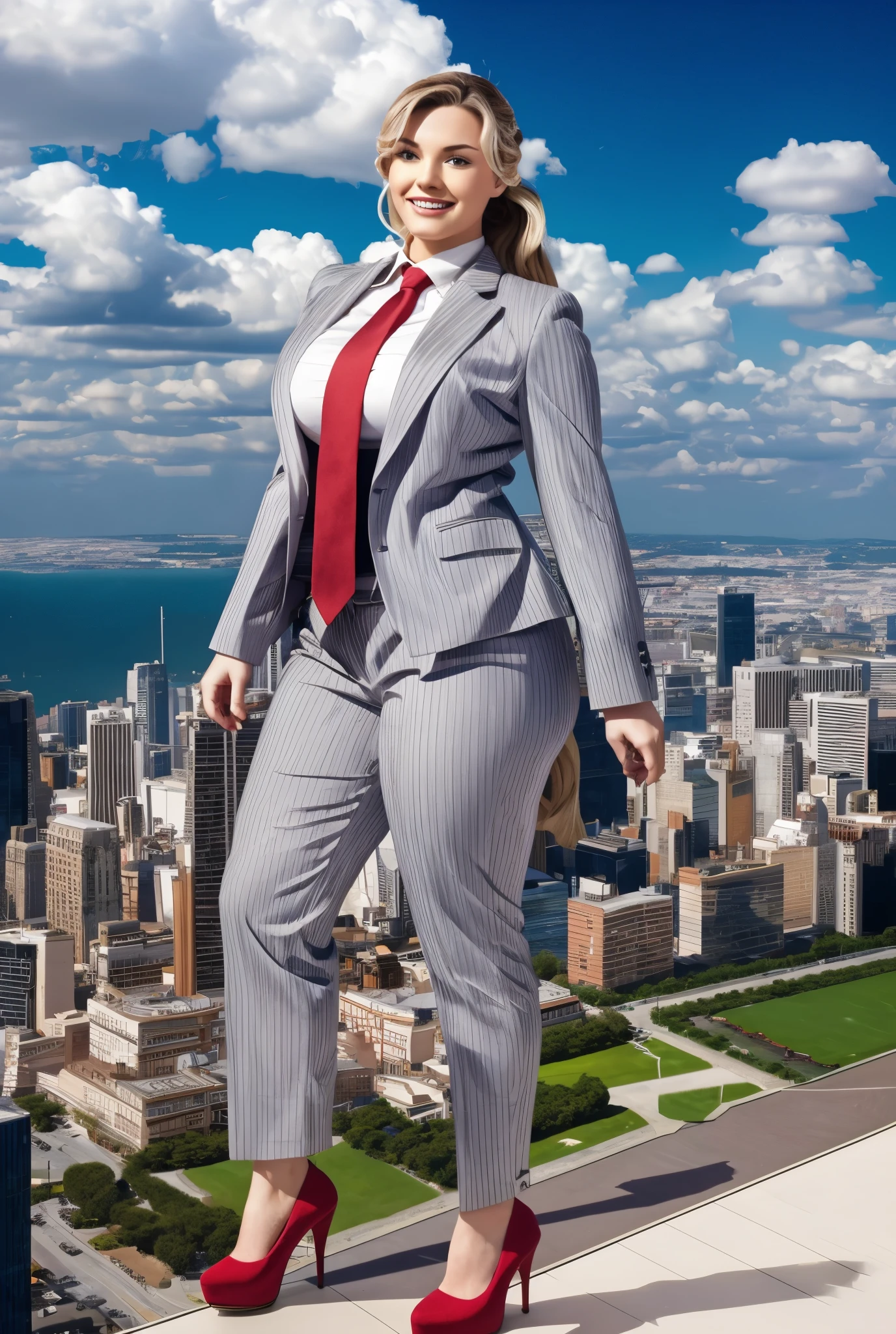 Giantess art, giga giantess in distance walking on through city, multiple women with beautiful curves, massive thighs, blonde hair, lipstick, wearing a perfect form-fitting loght grey pinstripe trouser suit and blazer, crisp white shirt with large spread collar, large blade width Windsor knot red tie, with massive breasts. She is wearing platform high heels and standing on a miniature city, with skyscrapers at her feet, smiling with her huge breasts. This image is highly detailed, photorealistic, best quality, a masterpiece, with cinematic lighting, ultra-detailed, long ponytail hair with front bangs, high altitude photography, satellite view, a curvy figure, heaving bosom, legs, a mega city, urban sprawl, small towns, destruction, buildings, roads, a cloudy, overcast, hazy atmosphere, and wispy clouds.