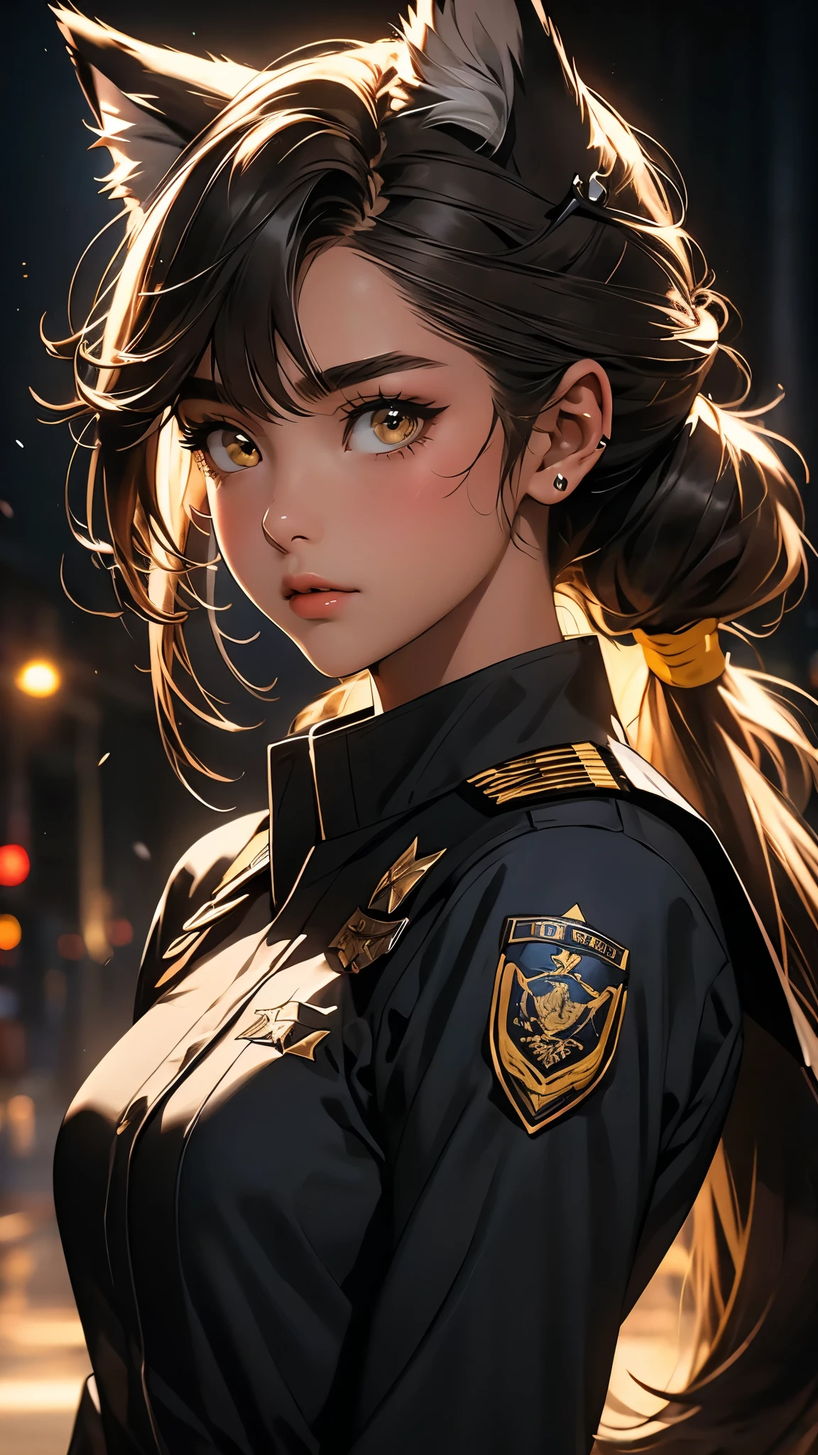 ((Masterpiece)), envision a 8k, highres, cinematic, semi realistic extremely beautiful close up portrait of a beautiful lady, (slender tall muscular body), petite, small breasts, wide shoulders, muscular arms, strong face, older mature face, (dark tan skin), ((dark gray hair)), (ponytail), side locks, long sweeping bangs, ((yellow eyes)), thick eyebrowns, round face, ((wolf ears)), ((animal ears)), police uniform, ((((1girl)))), in dark lighting, against a dark gray background