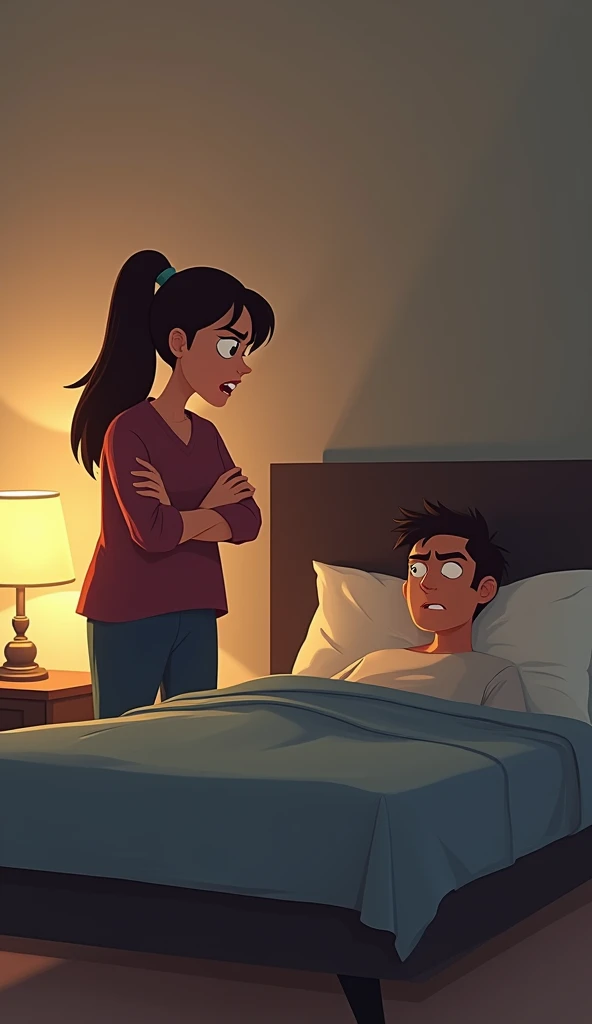 Art of a boy and a girl in a bed, girl next to bed, bedroom setting, dark room colored comic panel panel, color comic book scanning, pencil and comic book ink, pencil and ink, inner comic book page, 8K, high quality,