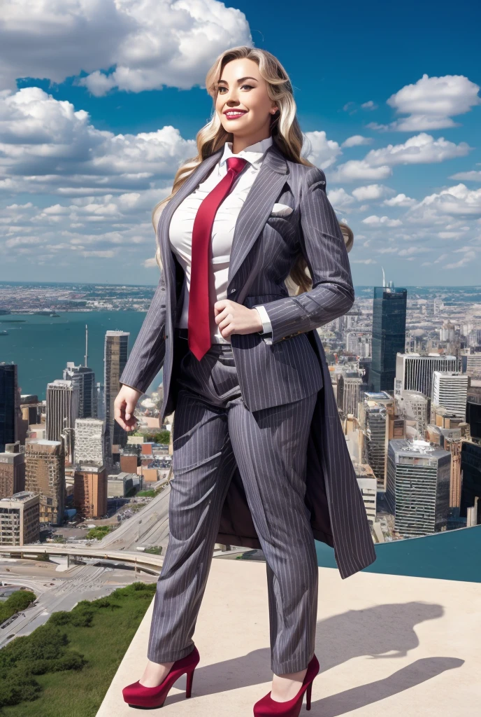 Giantess art, giga giantess in distance walking on through city, multiple women with beautiful curves, massive thighs, blonde hair, lipstick, wearing a perfect form-fitting loght grey pinstripe trouser suit and blazer, crisp white shirt with large spread collar, large blade width Windsor knot red tie, with massive breasts. She is wearing platform high heels and standing on a miniature city, with skyscrapers at her feet, smiling with her huge breasts. This image is highly detailed, photorealistic, best quality, a masterpiece, with cinematic lighting, ultra-detailed, long ponytail hair with front bangs, high altitude photography, satellite view, a curvy figure, heaving bosom, legs, a mega city, urban sprawl, small towns, destruction, buildings, roads, a cloudy, overcast, hazy atmosphere, and wispy clouds.