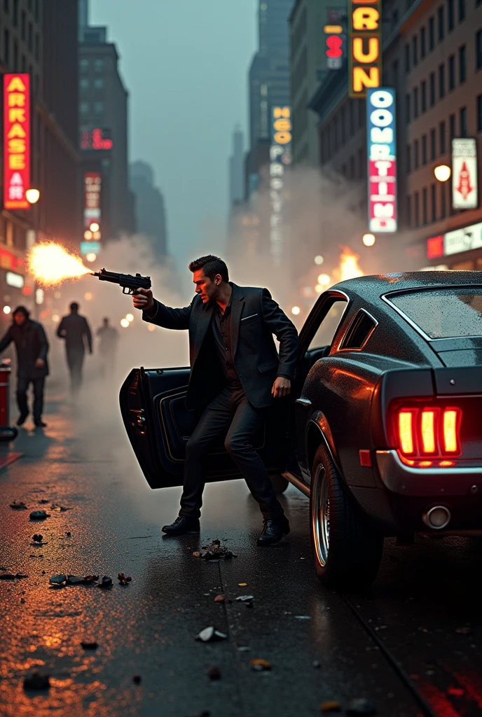 John Wick walking away from a badass car explosion, looking behind him, night-time, realistic, 4k quality, extremely detailed