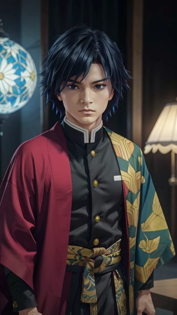 Realistic Giyu tomioka, a boy with realistic detailed flowy blue hair, beautiful detailed eyes, detailed facial features, a beautiful intricate red, blue and yellow kimono, dramatic lighting, anime style, (best quality,4k,8k,highres,masterpiece:1.2),ultra-detailed,(realistic,photorealistic,photo-realistic:1.37),cinematic,dramatic,emotional,powerful,stunning,elegant