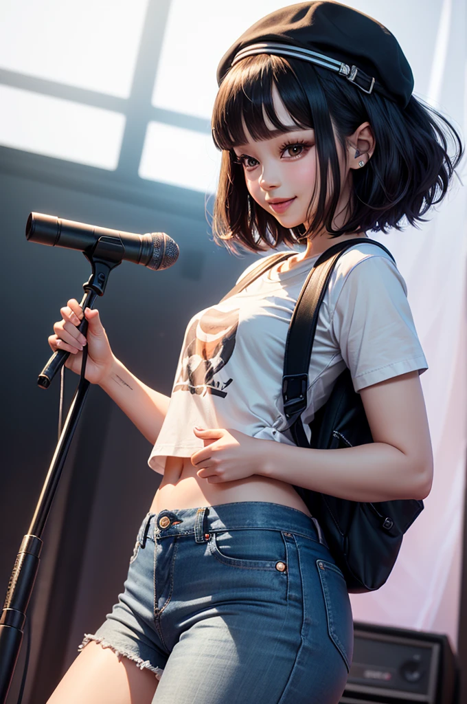 Short Hair、Bobcut、straight bangs,T-Shirts、White skin、small breasts、Ultra-detailed,1 woman, (Woman:1.4)、Sexy smile、The fingers of one hand are shaped like a cylinder、masterpiece,photo realistic,Grab the microphone、Concert Venues,Jeans、Backpack、Cap with boa