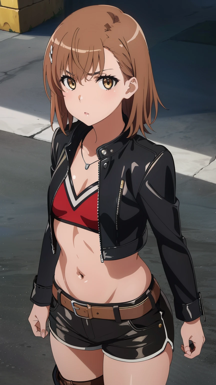 score_9, score_8_up, score_7_up, source_anime, 1girl, ryougi shiki, short hair, black hair, black eyes, red leather jacket, bikini, fur trim, <lora:Shiki-000007:1>