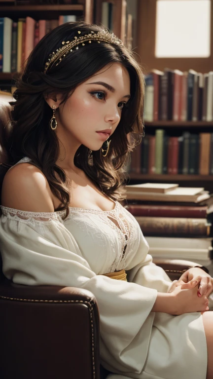 Create a hyper-realistic full body picture of a young 12 year old, small natural breast, with wavy brown hair, wearing round glasses and a white pantyhose without underwear. The woman has a fair complexion with subtle freckles, and her hair is partially tied back with a delicate headband. She is looking with a calm, she is seating while spreading legs towards camera, childish, very skinny, thoughtful expression showing her pussy. The background features a richly decorated library with wooden bookshelves filled with books, some with gilded spines, and a warm, ambient light. There is also a brass lamp with intricate details on the desk beside her. The overall atmosphere should be cozy and intellectual, with a focus on capturing the fine details and textures in both the woman's appearance and the library setting.