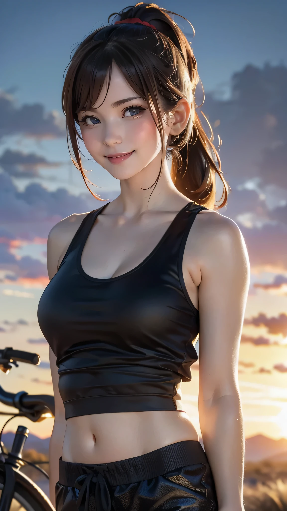 (best quality, 4k, high resolution, masterpiece:1.2), (realistic:1.8), medium: illustration, portrait, beautiful detailed eyes,smart eyes, beautiful detailed lips, ponytail, girl (1), smiling, sunset, wilderness, Arizona roadside, standing next to a bike, (brushing her hair up), Clair Redfield, biohazard 2, resident evil 2,(crimson red rider jacket, rider pants,black tank top,gloss)