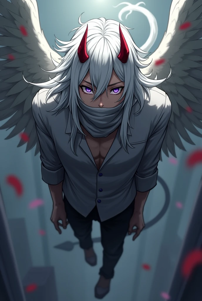 create an image of an 1 half demon male who looks very human and young but with black horns and wings With long white hair and with his hand slightly raised facing upwards summoning skeletons and who has a mischievous smile and with a dark background and aura around him in current anime style