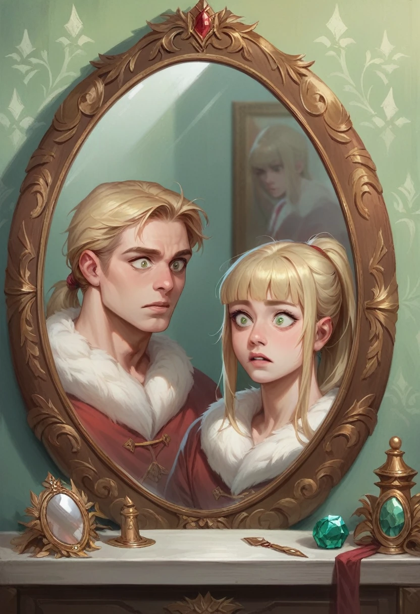 mirror, looking at mirror, facing mirror, realistic, cute, blond, 1boy, long hair, prince, handsome, emerald eyes, surprised, fur cloack, fur clothes, detailed background, messy hair, ponytail, blunt bangs