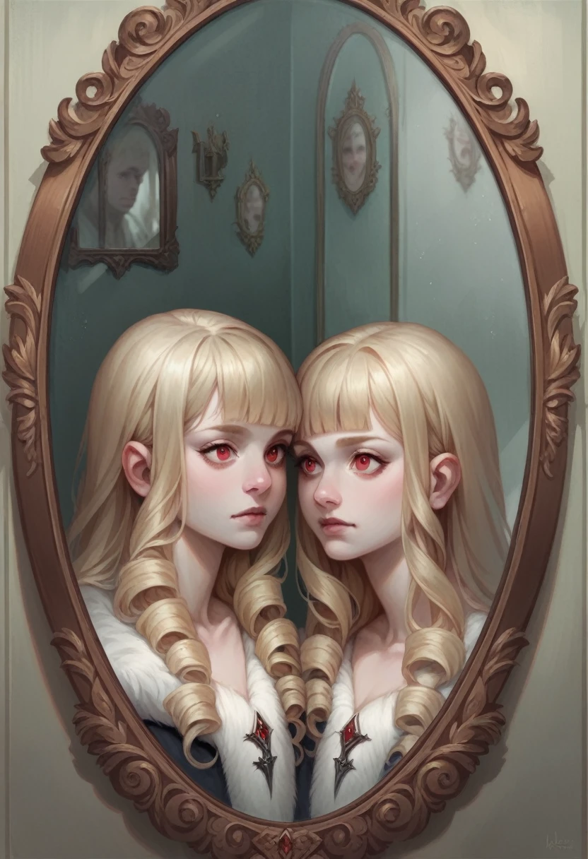 mirror, looking at mirror, facing mirror, realistic, cute, blond, 1boy, long hair, prince, red eyes, vampire, pale skin, fur cloack, fur clothes, detailed background, curly hair, blunt bangs