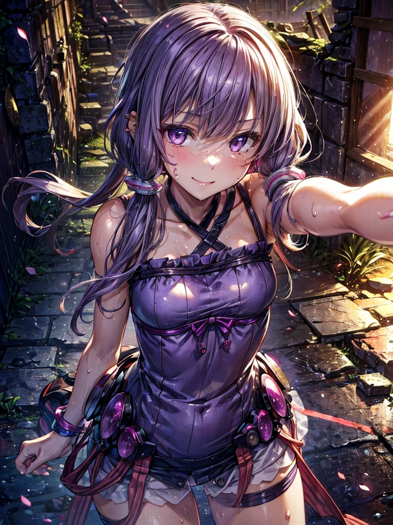 Detailed, yuzuki yukari, gloss, sweaty, saliva, relax, First-person view, Mysterious Smile, In the ruins, Woman leopard pose, Ear piercing, Seductive pose, , Clothes that show your body lines,  Cut-in, 