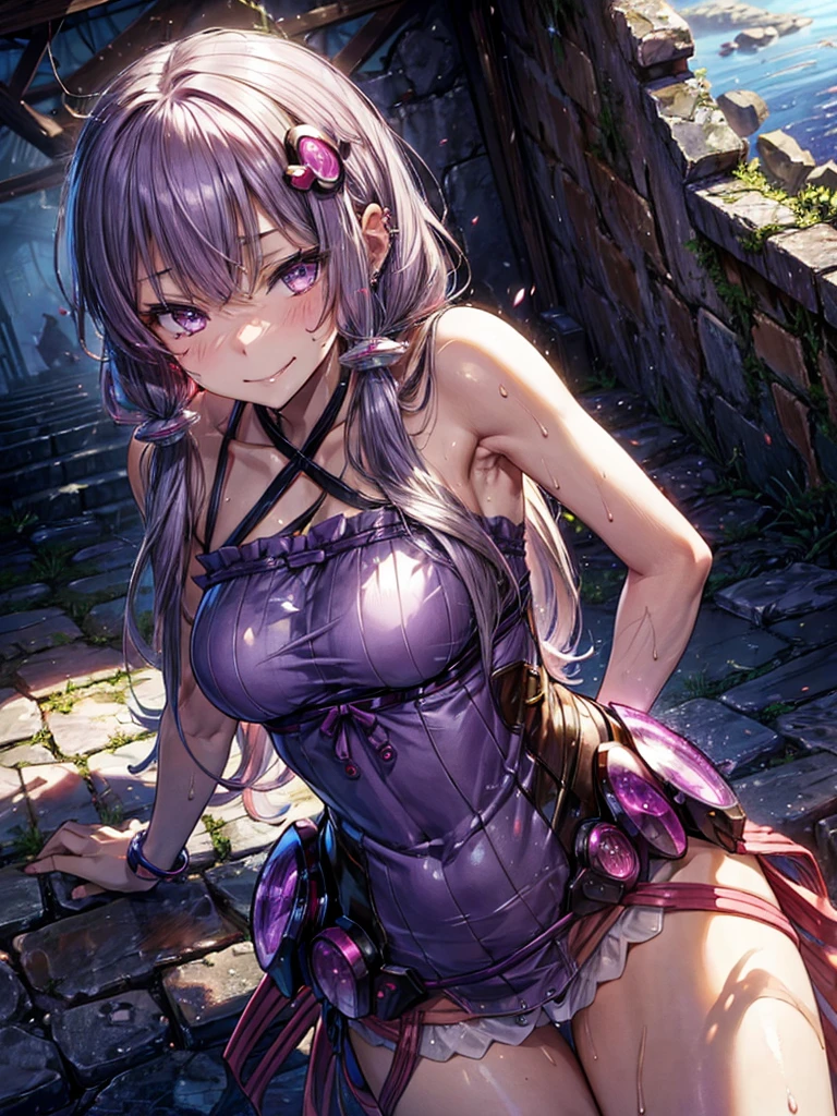 Detailed, yuzuki yukari, gloss, sweaty, saliva, relax, First-person view, Mysterious Smile, In the ruins, Woman leopard pose, Ear piercing, Seductive pose, , Clothes that show your body lines,  Cut-in, 