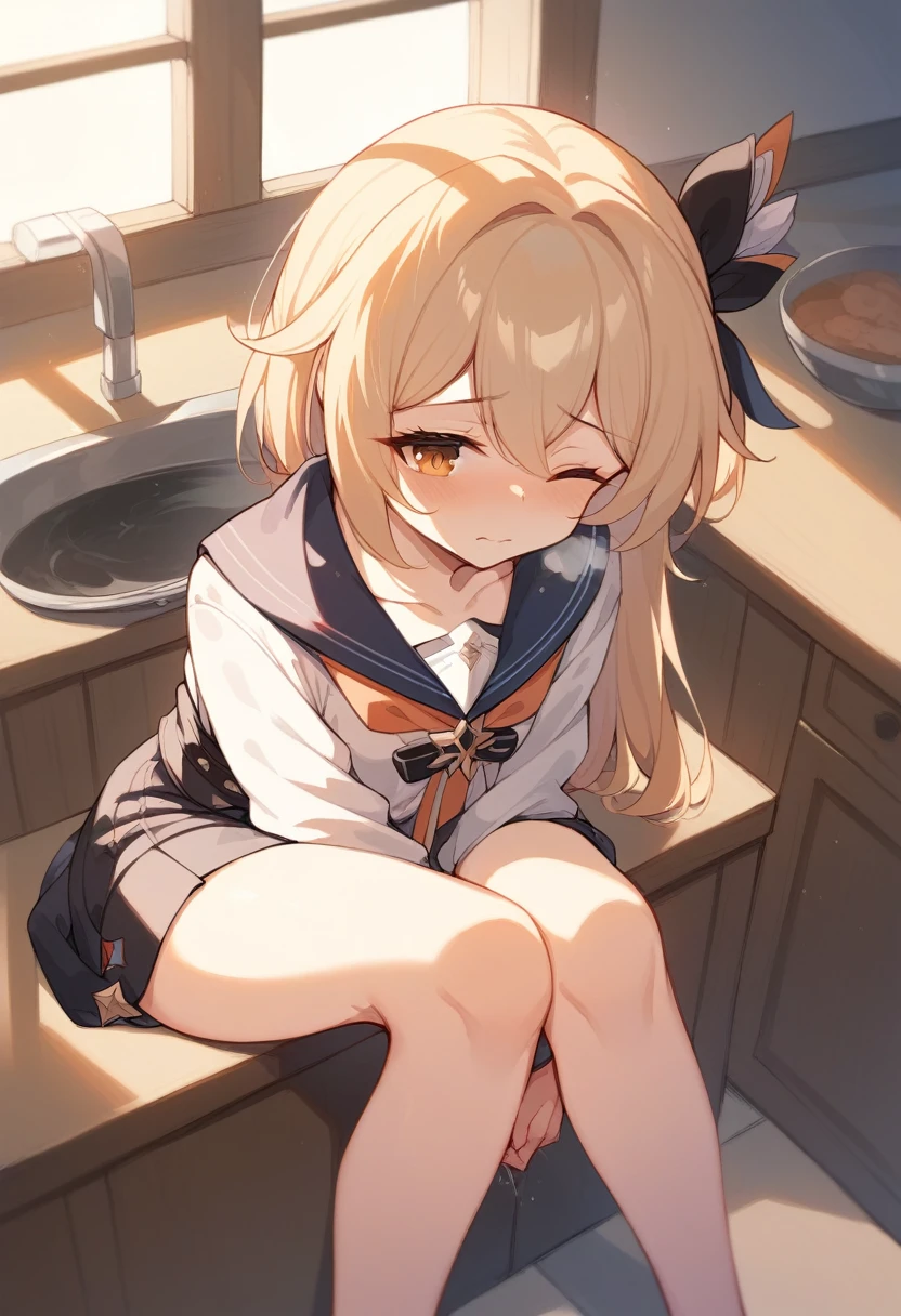 Absurd resolution, high resolution, (masterpiece:1.4), ultra-detailed, 1girl, wide-angle lens distortion, shy, sexy pose, sexual invite expression, in the kitchen, thighs, hand between legs, have to pee, leg together, cute, one eye closed, heavy breathing, topaz from honkai star rail, squishy thighs, masturbating, sitting, leaning forward