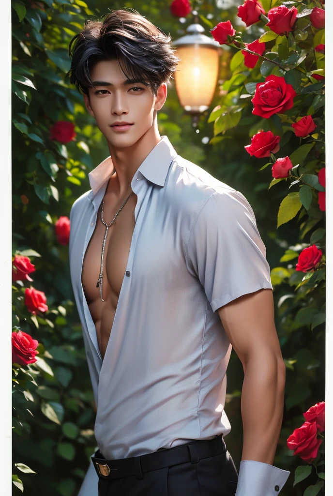 (absurdres, highres, extremely detailed, Ultra High Definition, masterpiece), A tall, lean, handsome man with muscular build stands in a blooming rose garden at dusk, the soft glow of lanterns illuminating his sharp features, solo, Full length portrait: 1.5, beautiful detailed eyes, beautiful detailed lips, extremely detailed eyes and face, smooth skin, a hot glow in his skin, perfect body, large chest, extremely large breasts, big nipples, sexy gaze, sexy expression, sexy posture, short hairstyle, (wearing ((silver color exquisite shirt), (open shirt showcasing chest and abs)), black pants, jewellery, necklace), his easy smile and sparkling eyes give him an air of both rugged charm and down-to-earth sensuality. His dark short hair is neatly combed, but a few strands fall loosely onto his forehead, giving him a relaxed yet sophisticated look. The scent of fresh roses lingers in the air as he admire the deep red petals of a nearby bush, his strong hands gently brushing against the flowers as his gaze is locked on the viewers. Behind him, the cobblestone path winds through rows of vibrant roses in shades of pink, white, and red, and the soft hum of crickets fills the warm evening air. Beautiful, gorgeous, wet, sensual, alluring, erotic, mature, His presence blends effortlessly with the scene creating a breathtaking sense of sensuality and allure. Breathtaking grandeur, model pose, focus on his calm facial features, elegant look, full body view,