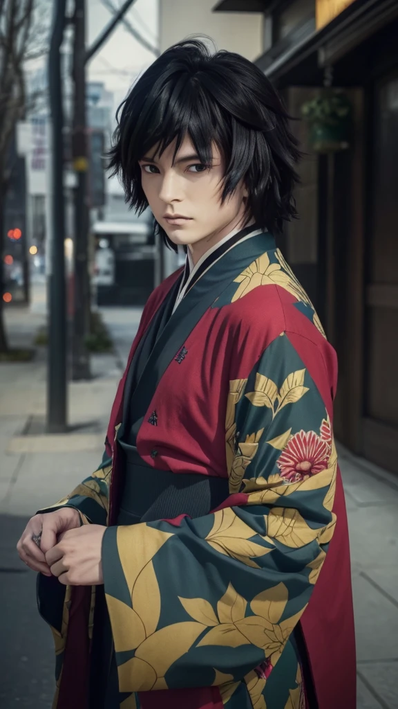 Realistic Giyu tomioka, a boy with realistic detailed flowy blue hair, beautiful detailed eyes, detailed facial features, a beautiful intricate red, blue and yellow kimono, dramatic lighting, anime style, (best quality,4k,8k,highres,masterpiece:1.2),ultra-detailed,(realistic,photorealistic,photo-realistic:1.37),cinematic,dramatic,emotional,powerful,stunning,elegant