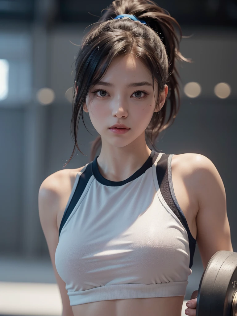 (Highly detailed CG Unity 8k wallpaper), The most beautiful works of art in the world, One girl, Upper Body, Sweaty Big Breasts Sports Bra Muscular