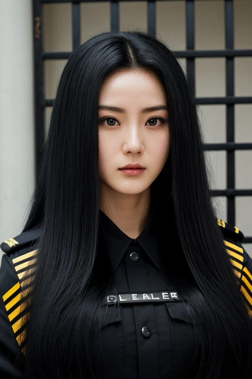 1 Chinese lady, (Realist:1), black hair, thick hair, long hair,hair as long as rapunzel,female police officer,black uniform,black pants,most very quite close,most very angry face,high resolution,looking at the camera, 黑The eye, front portrait；White background image