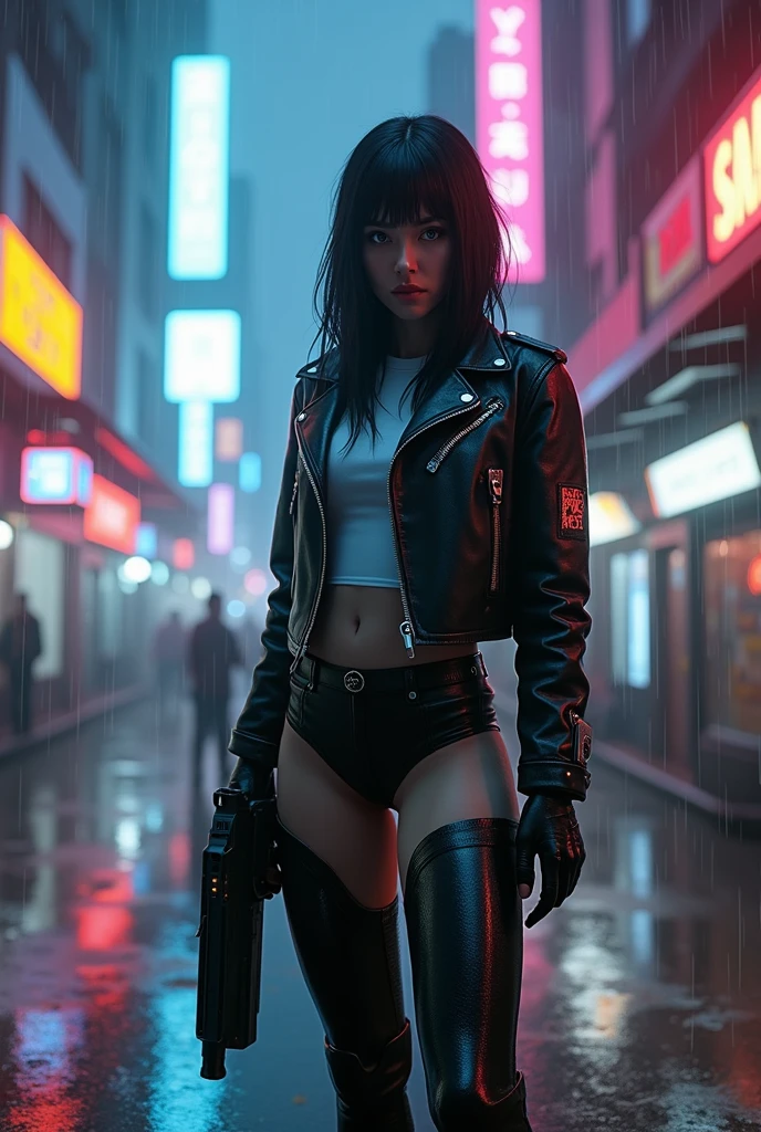 (masterpiece, realistic, photorealistic, photograph:1.1), full body photography of 18 yo girl with black side ponytails, (cyberpunk style:1.1), black thighhighs, leg wear, dynamic pose, night, nighttime, <lora:epiCRealismHelper:1>, <lora:add_detail:1>