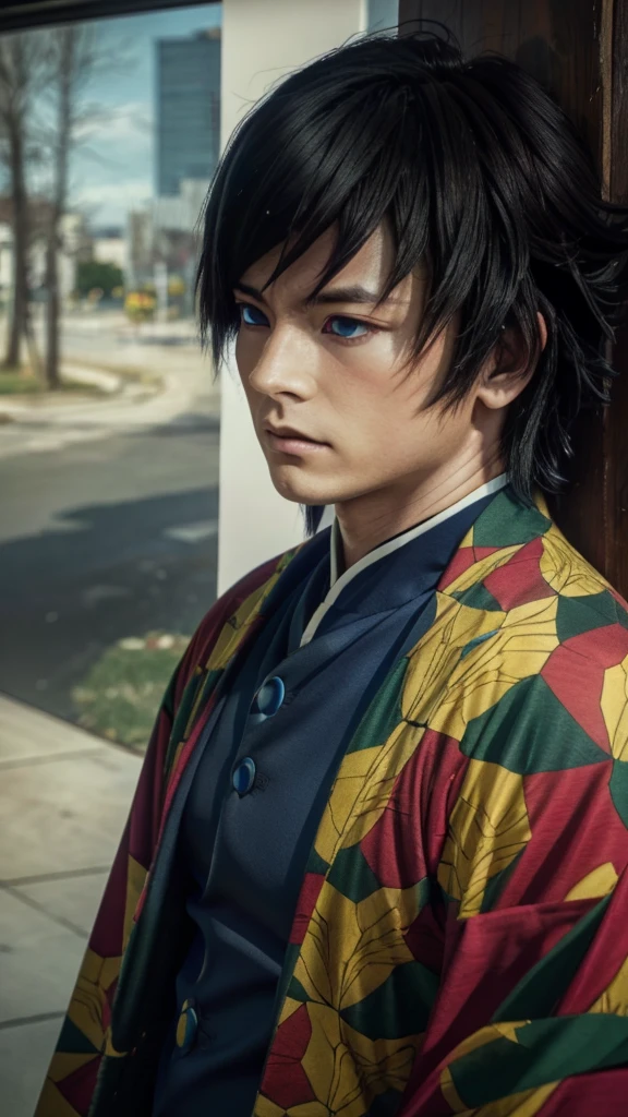 Realistic Giyu tomioka, a boy with realistic detailed flowy blue hair, beautiful detailed eyes, detailed facial features, a beautiful intricate red, blue and yellow kimono, dramatic lighting, anime style, (best quality,4k,8k,highres,masterpiece:1.2),ultra-detailed,(realistic,photorealistic,photo-realistic:1.37),cinematic,dramatic,emotional,powerful,stunning,elegant