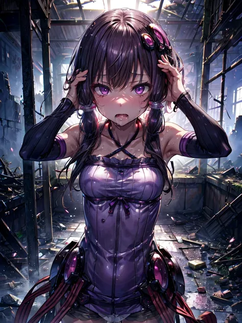 detailed, yuzuki yukari, gloss, sweaty, saliva, relax, first-person view, mysterious atmosphere, in the ruins, stand, ear pierci...