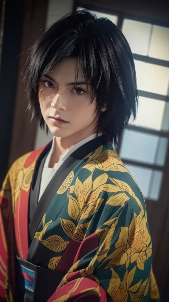 Realistic Giyu tomioka, a boy with realistic detailed flowy blue hair, beautiful detailed eyes, detailed facial features, a beautiful intricate red, blue and yellow kimono, dramatic lighting, anime style, (best quality,4k,8k,highres,masterpiece:1.2),ultra-detailed,(realistic,photorealistic,photo-realistic:1.37),cinematic,dramatic,emotional,powerful,stunning,elegant