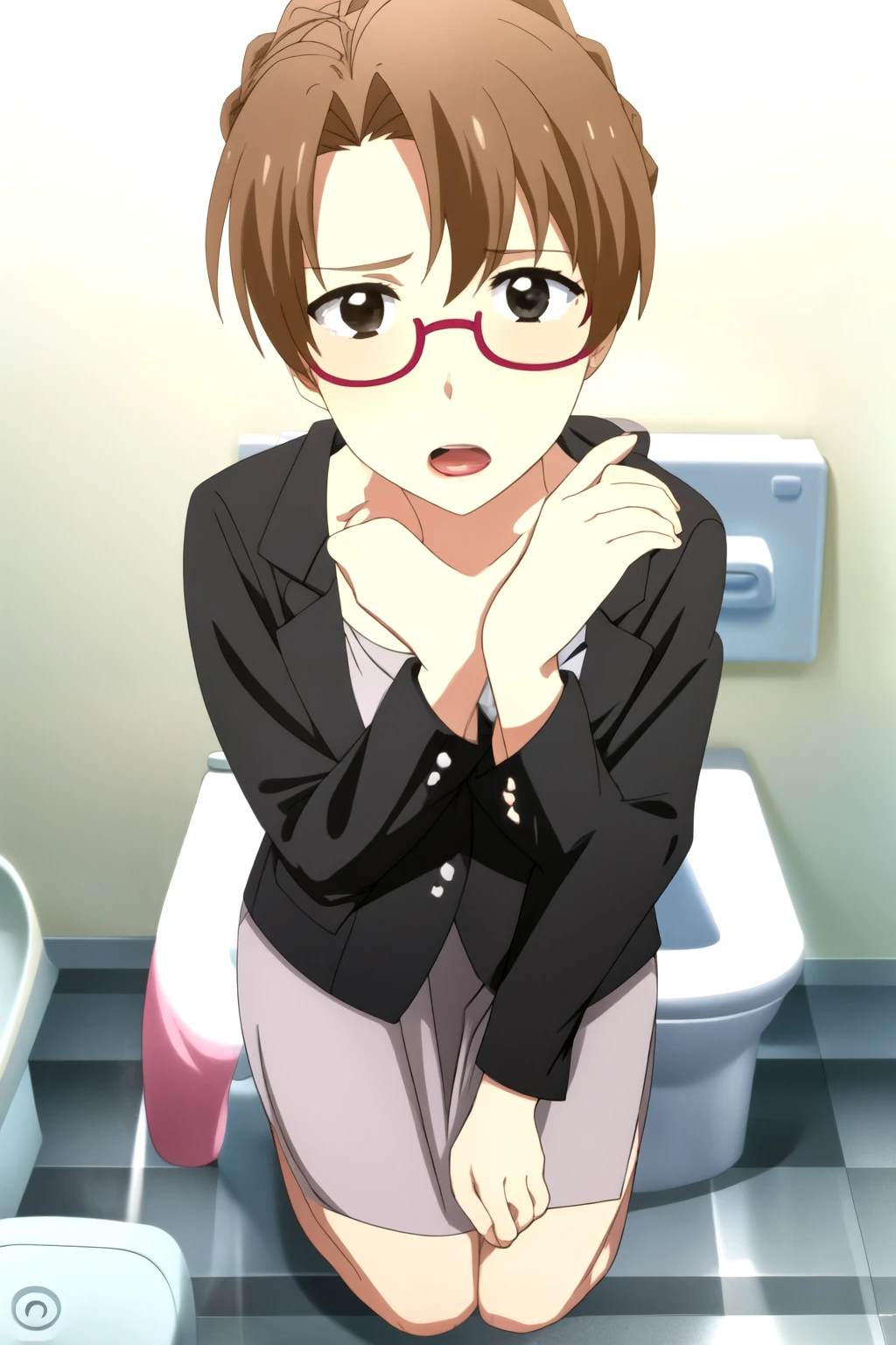 ((Top quality)), ((A very detailed)), (Detailed), Perfect Face, Wearing a pink skirt everywhere、Man wearing pink and black striped stockings kneeling on floor.、roll your eyes back、Keep your hands away from your mouth.、Mouth open and face covered in semen、Sucking cock through glory hole in toilet cubicle。 sucking cock, pussy, cum
