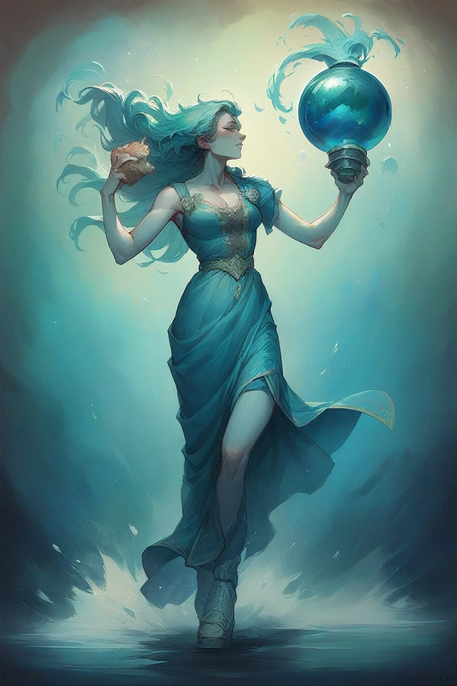 best qualtiy，tmasterpiece，超高分辨率，（realisticlying：1.2），1girll，The magical Aquarius astrolabe，Purple-haired people，There is a bottle in the background，In front of the bottle sat a woman。。。，There is a moon on the bottle，Round crystal ball，