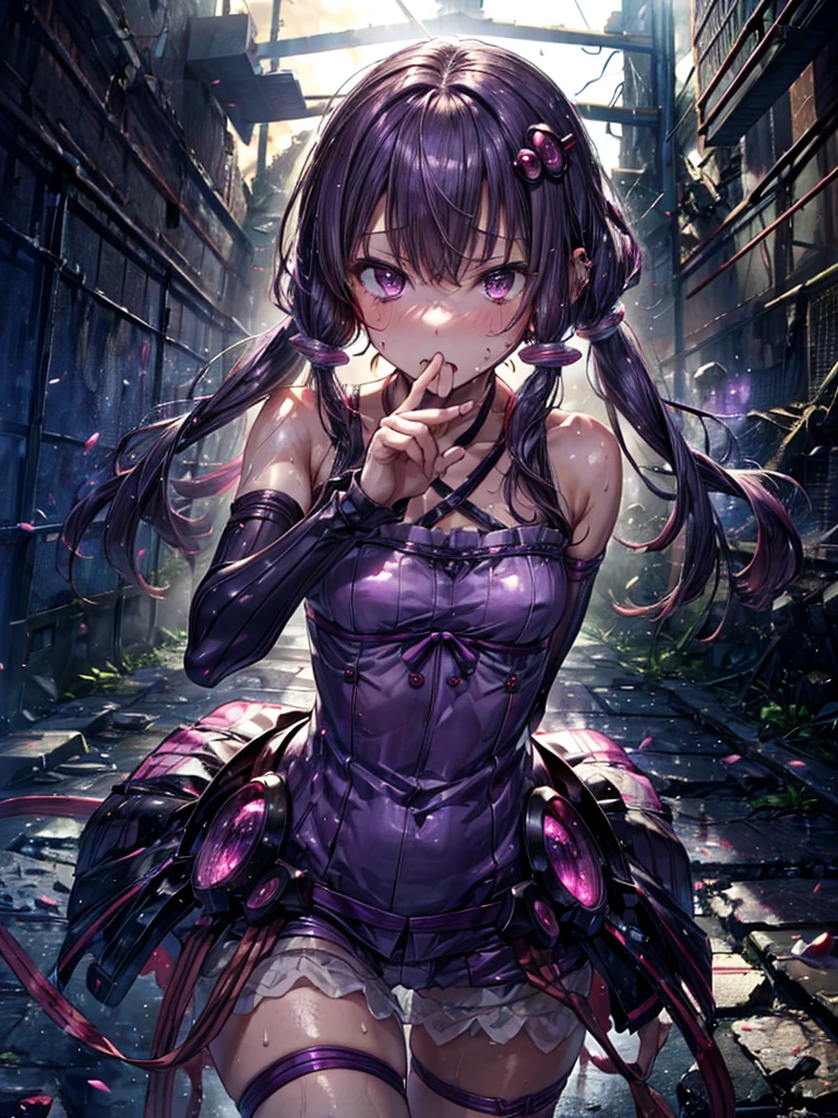 Detailed, yuzuki yukari, gloss, sweaty, saliva, relax, First-person view, Mysterious atmosphere, In the ruins, stand, Ear piercing, Seductive pose, , Clothes that show your body lines,  look up, 