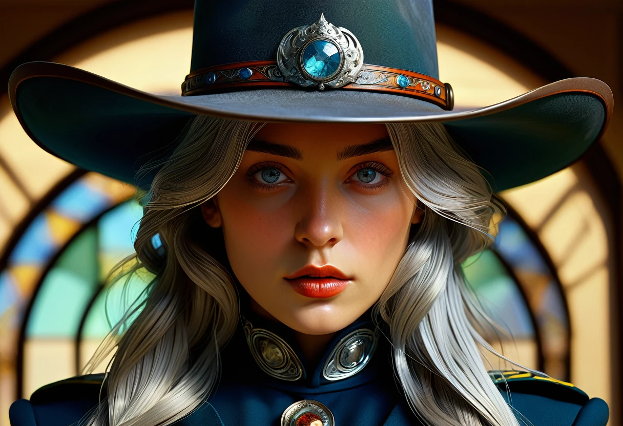 (Surrealist female portraits), (Dark Fantasy Art: 1.6), Im Stil von David Hockney und Alphonse Mucha, breathtaking realism, dynamic lighting, 4K resolution, very detailed facial features, award-winning, Cowboy shot, (official uniform: 1.4), long and grey hair, Deep Shadows.