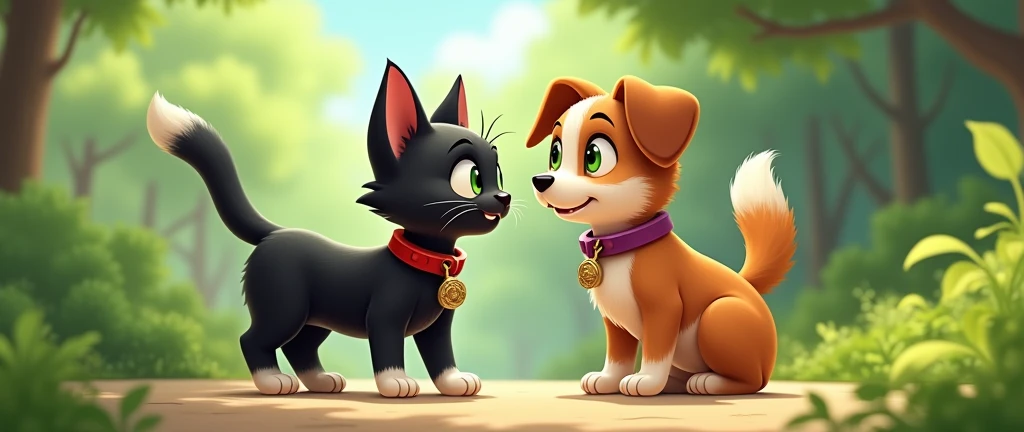 two animals a black cat with green eyes and a Dachshund dog with light brown fur in a cartoon