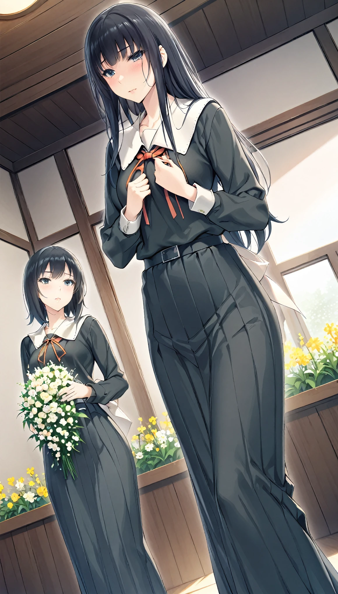 masterpiece, best quality, very aesthetic, 2girl, flowers, cute, black school uniform, long skirt, black hair, long hair, bangs, indoors, short hair