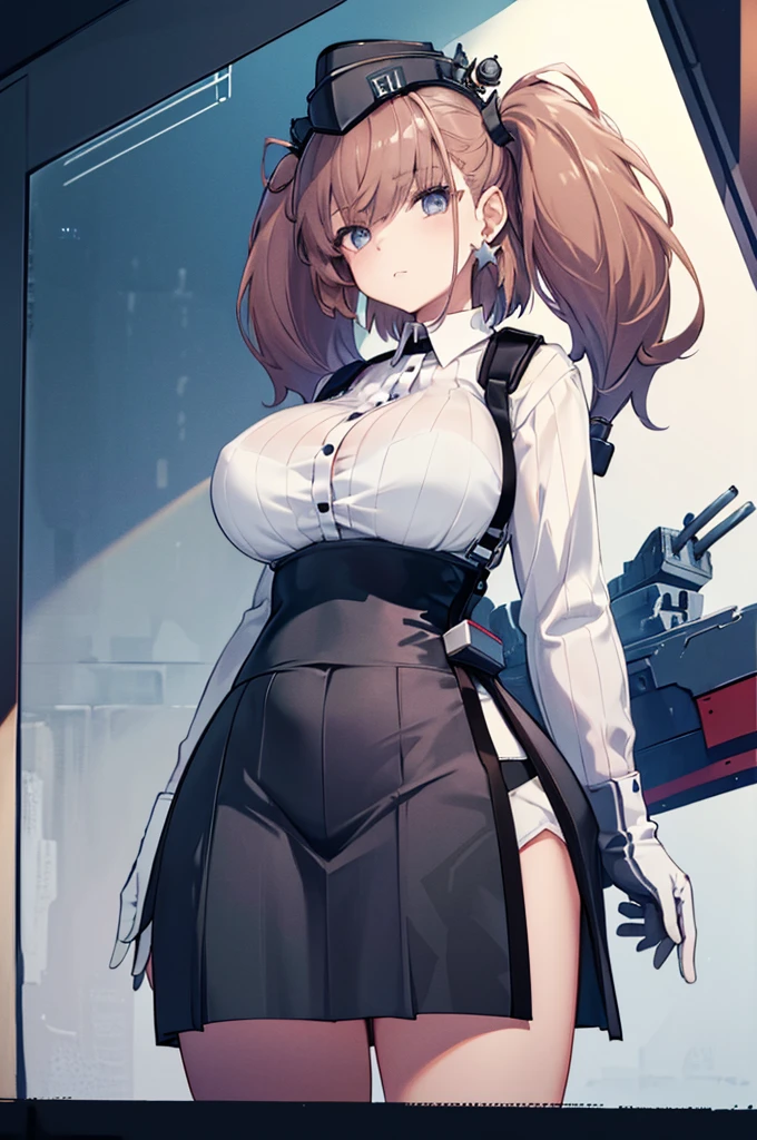 ((masterpiece)),((Best Quality)), One Woman, Alone, atlanta \(kancolle\), Bust Shot, from the front, Standing, View your viewers, Detailed Eyes, White business shirt, black high waist skirt, suspenders, Rubber gloves, Star-shaped earrings, hat, Brown Hair, Twin tails, ((((Very large breasts)))), ((Wide Hips)), Big Ass