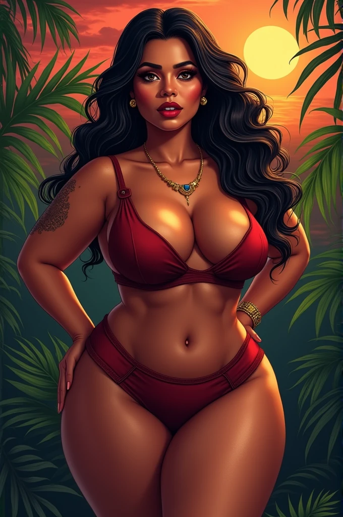 1 girl, dark skin, long hair, black hair, pelo largo,pelo negro, black eyes, ojos negros, bikini, micro bikini. hig heels, breasts, huge breats, jungle, jungla,s4r4hb4nks