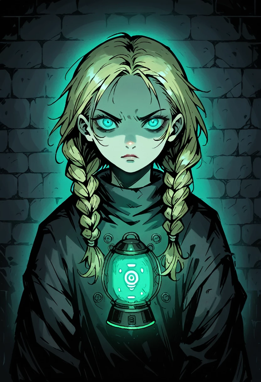 Medium close-up of blonde girl, box braids hairstyle. 20 years old. Detailed blue-grey eyes. Disturbed face expression, looking directly at the viewer, with a finely detailed, ultra-clear face. Oversized white woolen longsleeve, highly detailed, with thick outlines and dramatic light, inspired by Chris Bourassa. green neon disk behind. The background features a weathered brick wall with green neon light, creating dark, atmospheric scene. Highly detailed, inspired by Chris Bourassa's. Dramatic light, green neon lamp lights. Somber character design with thick outlines. green neon disk behind
