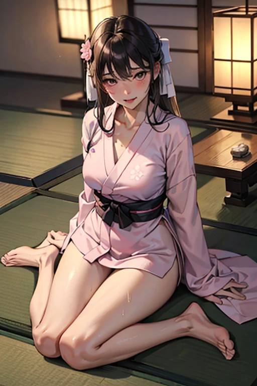 ((Best Quality)), ((masterpiece)), (detailed),Perfect Anatomy 1.5,Natural Light,Steam 1.3,Sweat all over the body,(((Full-body shot of a childlike woman on a tatami mat in a ryokan,Blushing and so cute))),Woman with long, supple black hair,Shiny hair,((Best Quality, 8k, masterpiece: 1.3, )),A well-balanced body is slim,Large Breasts,Slim waist body line,length, Thin legs，length, Thin hands， detailedな顔, detailedな肌, fine grain, detailedな唇, detailedな舌, detailedな指, Mouth detailed, Beautiful teeth alignment,Realistic,  High resolution, Natural Light, Toned Legs, Double eyelids, Tear bags, Round eyes,Stick your tongue out,Wearing a pink yukata,A woman in a pink yukata is sitting upright..5,detailedな浴衣,Skin exposure is kept to a minimum,Wearing white panties,