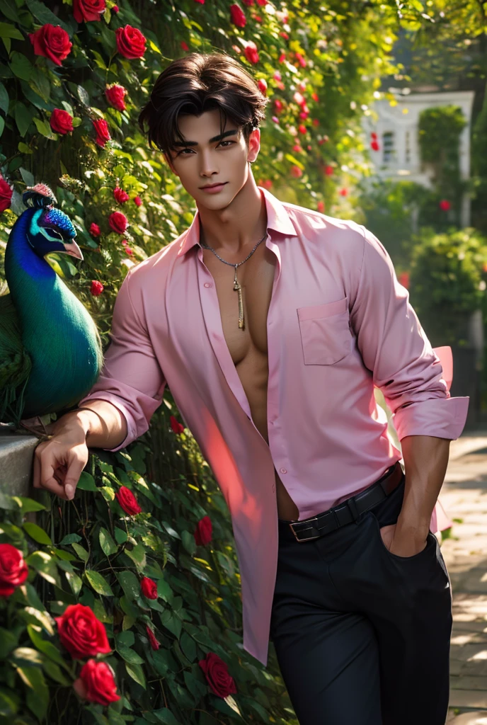 (absurdres, highres, extremely detailed, Ultra High Definition, masterpiece), A tall, lean, handsome man with muscular build stands in a blooming rose garden at dusk, the soft glow of lanterns illuminating his sharp features, solo, Full length portrait: 1.5, beautiful detailed eyes, beautiful detailed lips, extremely detailed eyes and face, smooth skin, a hot glow in his skin, perfect body, large chest, extremely large breasts, big nipples, sexy gaze, sexy expression, sexy posture, short hairstyle, (wearing ((peacock color exquisite shirt), (open shirt showcasing chest and abs)), black pants, jewellery, necklace), his easy smile and sparkling eyes give him an air of both rugged charm and down-to-earth sensuality. His dark short hair is neatly combed, but a few strands fall loosely onto his forehead, giving him a relaxed yet sophisticated look. The scent of fresh roses lingers in the air as he admire the deep red petals of a nearby bush, his strong hands gently brushing against the flowers as his gaze is locked on the viewers. Behind him, the cobblestone path winds through rows of vibrant roses in shades of pink, white, and red, and the soft hum of crickets fills the warm evening air. Beautiful, gorgeous, wet, sensual, alluring, erotic, mature, His presence blends effortlessly with the scene creating a breathtaking sense of sensuality and allure. Breathtaking grandeur, model pose, focus on his calm facial features, elegant look, full body view,