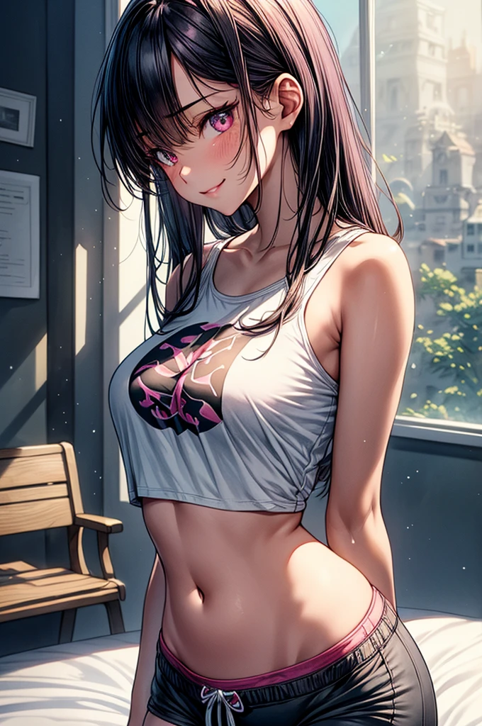 ddlcmonika, blunt bangs, brown hair, (green eyes:1.5), long hair, ponytail, ribbon, white ribbon, hair ribbon, sidelocks, arms behind head, crop top, underboob,  ((on city street)),  ((fully clothed)), ((overcoat)), ((v neck t shirt)),((barefoot)), black miniskirt, short hair, slim build,jewelry, large earrings, late night, detailed background, dark, busy street, cinematic, neon light, masterpiece,  best quality, RAW photo, up close, zoomed in,  photorealistic, ((looking at viewer)), see through,dripping wet, beautiful realistic photo, hyperrealistic fantasy photo,  close up, tight frame, 8k, ultra detailed, detailed skin, blue eyes, freckles, ((drenched)), ((soaked)), (dripping water), sagging clothes, wet street, wet all over, wet dripping hair, pov, (posing for photo) portrait, close-up, bottom angle, mist, ((grabbing breast)), touching own body, moaning, head back, small breasts