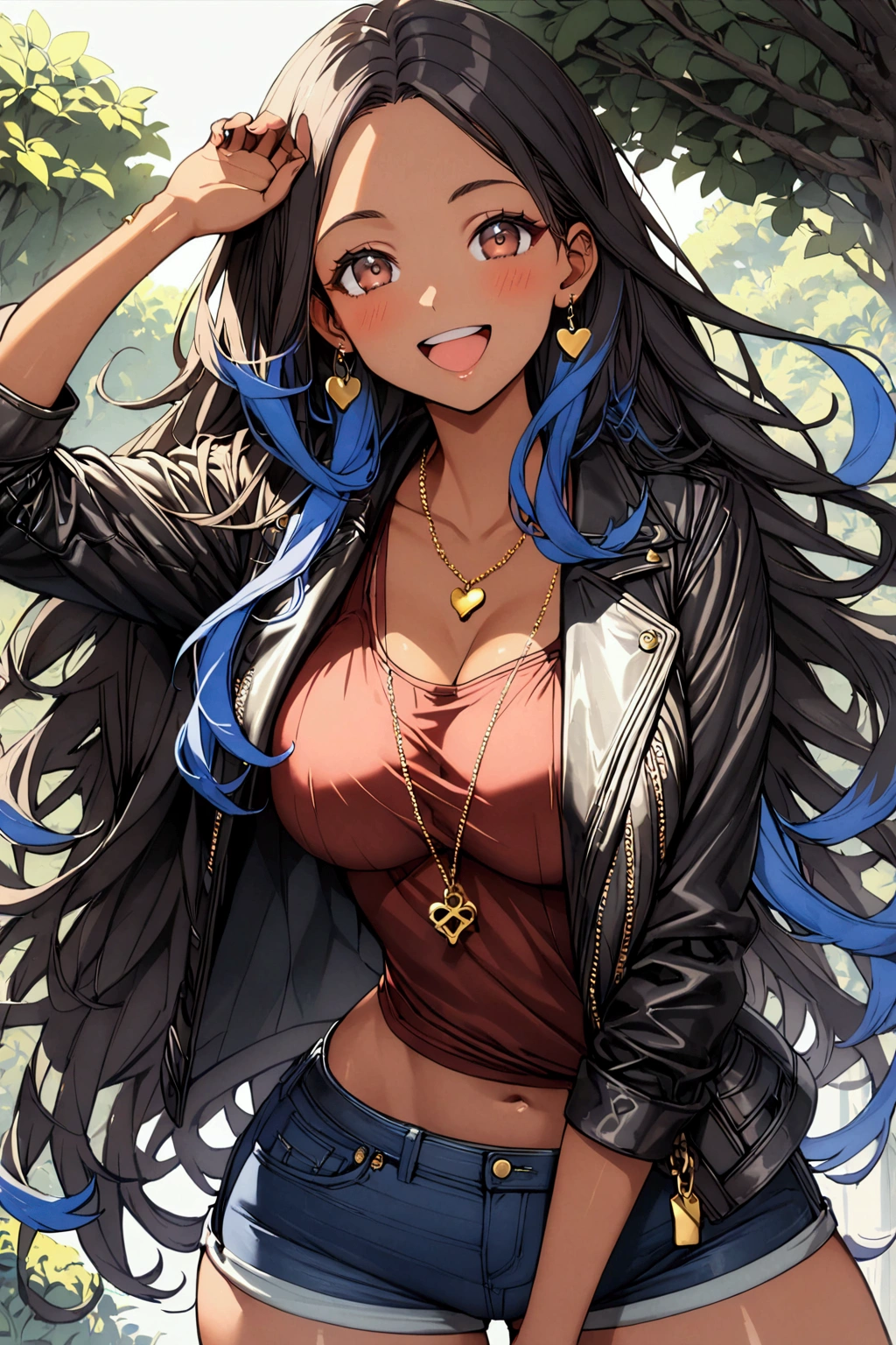 1girl, brown eyes, (black hair with blue fade, blue strands in the hair, long hair,) skinny waist, medium breasts, tan skin, a gold charm necklace, young girl, happy expression, brown skin, wearing a vintage red top, an oversized vintage black leather jacket, a jeans shorts, mature, vintage