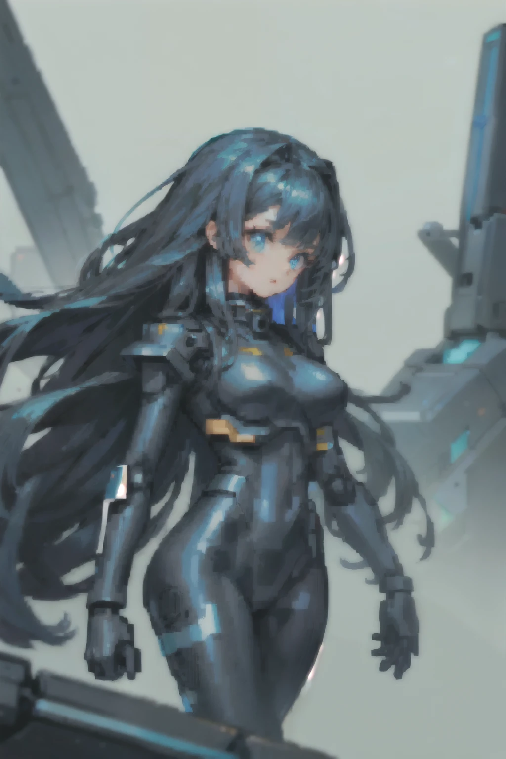 (girl), (long hair), (eyes), (solo), (black futuristic mecha bodysuit), (no background)