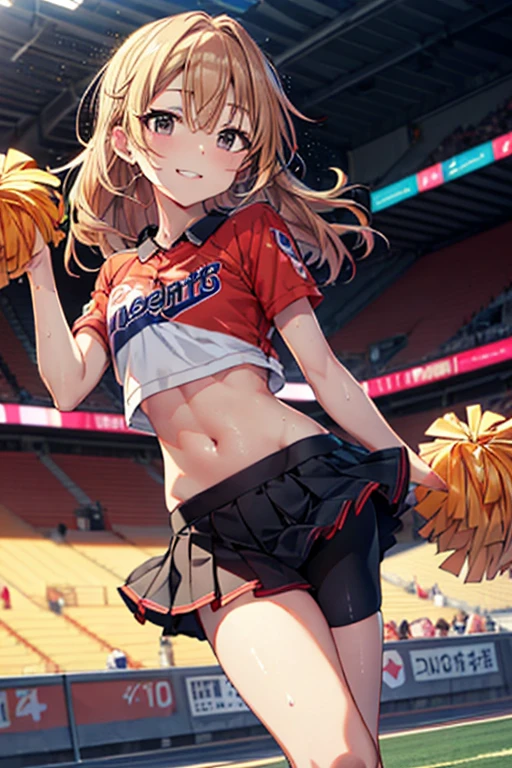 Snow__Idolmaster Cinderella Girls su149,orange_hair, purple_eye, length_hair, 前hair,blonde_hair, hair_between_eye,smile,Open your mouth,(Chibi:1.3),Flat Chest,thin,(Cheerleader),Red T-shirt,mini skirt,Bike Shorts,sweat,navel,(Standing on one leg,Lift your legs:1.3),Stadium,masterpiece,Noise Reduction,Perfect Anatomy,High resolution, Very detailed, Very detailed face,Game CG,Dutch Angle ,beautiful detailed eye,Visual Arts,Five fingers, Perfect hands, Perfect lighting, Sparkling Eyes,