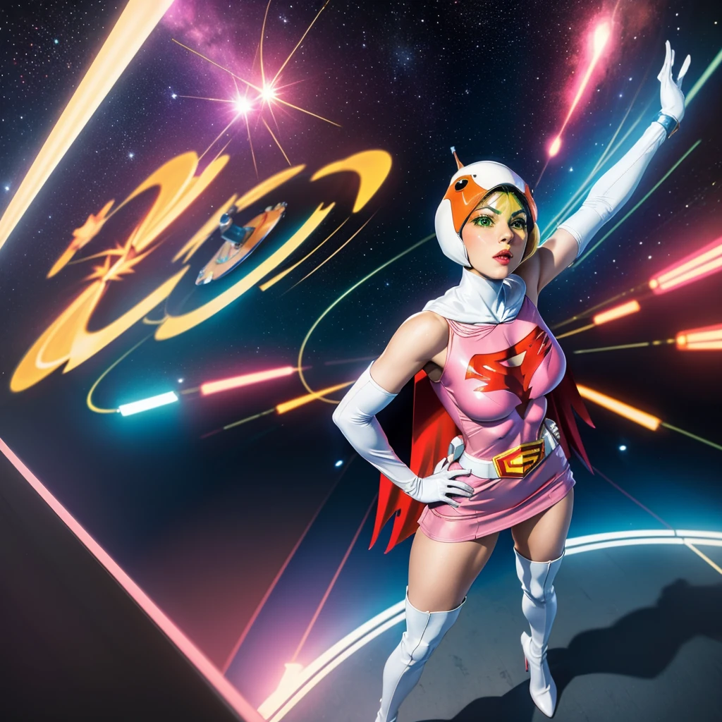 ANI_CLASSIC_jun_gatchaman_ownwaifu,1girl, 15yo,good anatomy, masterpiece, best quality, realistic, hyper realistic, 16k hdr, breasts, large breasts, lipstick, makeup, gloves, cape, helmet, belt, elbow gloves, white gloves, mask, ultra miniskirt, leotard, spacesuit, white tight overknee highheel boots, pink dress, superhero, bodysuit, cleavage, erected nipples,(stand pose, from below:1.2),(spread legs:1.1),cameltoe