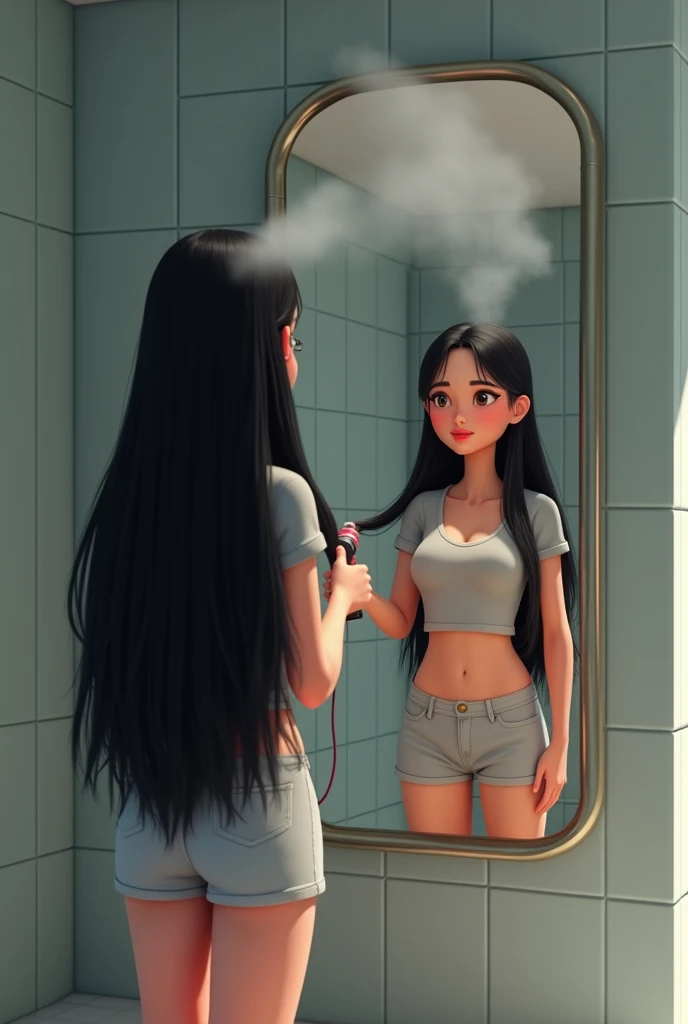 Blue eyes, Marinette, black pupil, blush, Black sports bra, black panties, black thong, posing in front of a mirror, transparent white stockings, Open mouth, drooling, saliva