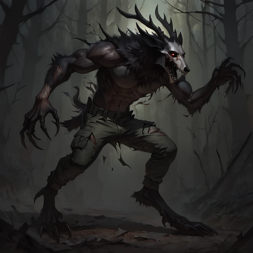 , anthro wendigo,  male, solo, pain expression, transformation, animal transformation, torn pants, military, athletic, test subject, full body, concept art style, masterpiece