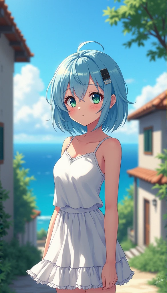 Official art、Top quality ultra-detailed CG art、a beauty girl：１.２）、blue hairs、Glossy hair、smooth hair、large blue eyes,Mid summer、kawaii、The sky is beautiful、Cute、bob cuts、sports wear、Smooth clothes、ssmile、It features a simple、Naked、