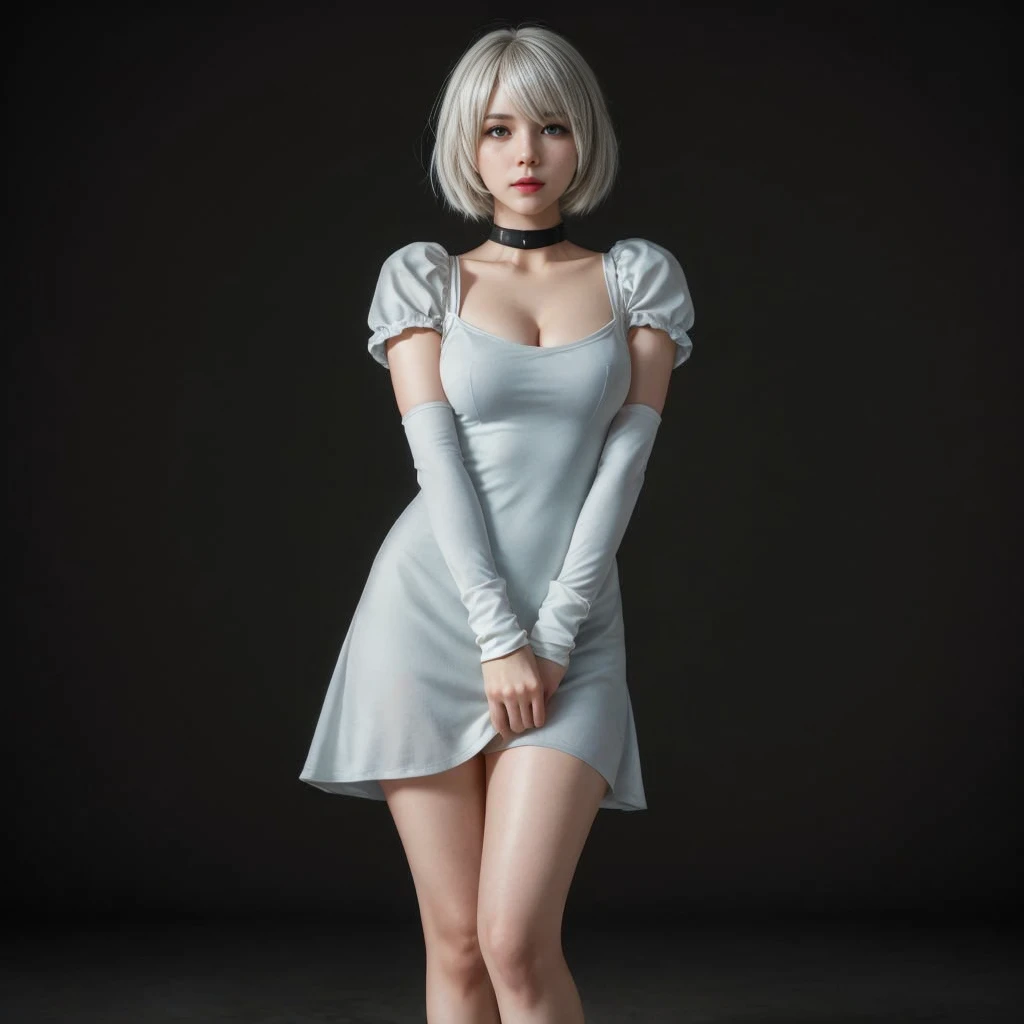 2B Nier Automata, (best qualityer, ultra detail), (realisitic:1.37), beautiful and detailed face, ultra-realisitic texture, Exquisite face, Delicate body, red lipgloss stick, shiny colors. High definition, 8k. expression a slight cute smile